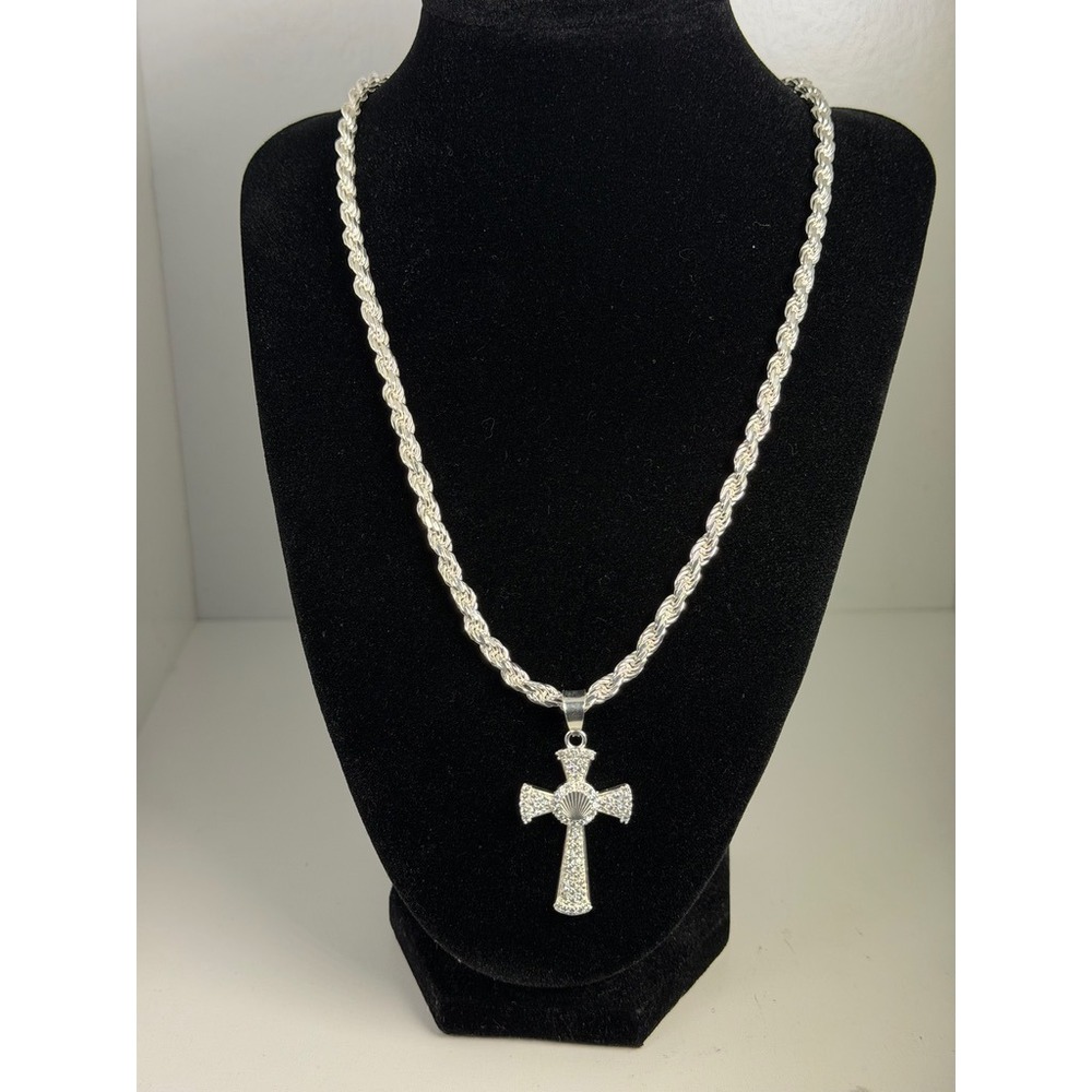 Italian Sterling Silver 925 Rope Chain Necklace with Cross Pendant 19 Inch